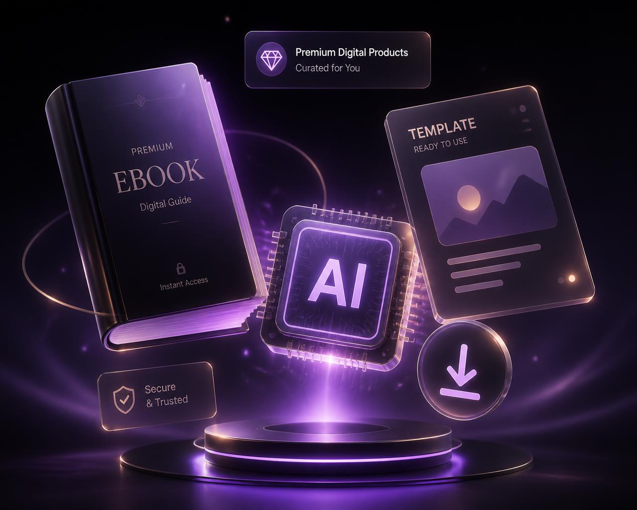 Floating 3D ebook, AI chip and template cards representing digital products